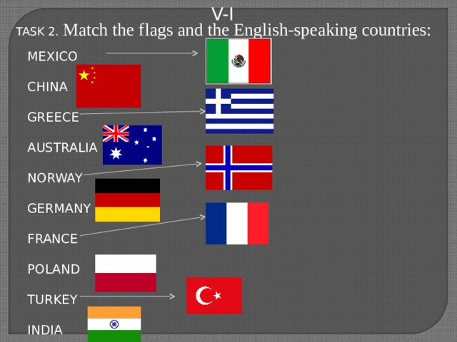 V-I TASK 2. Match the flags and the English-speaking countries: MEXICO CHINA GREECE AUSTRALIA   NORWAY GERMANY FRANCE POLAND TURKEY INDIA 