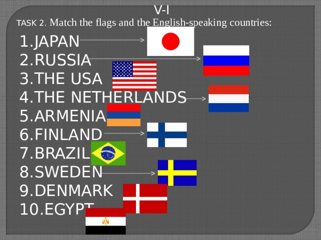 V-I TASK 2. Match the flags and the English-speaking countries: JAPAN RUSSIA THE USA THE NETHERLANDS ARMENIA FINLAND BRAZIL SWEDEN DENMARK EGYPT  