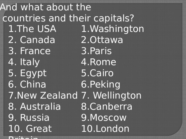 And what about the  countries and their capitals? 1.The USA 2. Canada 3. France 4. Italy 5. Egypt 6. China 7.New Zealand 8. Australia 9. Russia 10. Great Britain Washington Ottawa Paris Rome Cairo Peking  Wellington Canberra Moscow London 