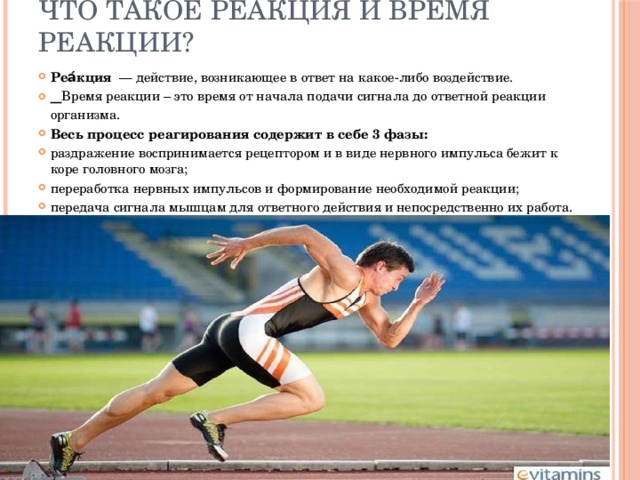 Что такое реакция и время реакции? Реа́кция   — действие, возникающее в ответ на какое-либо воздействие.  Время реакции – это время от начала подачи сигнала до ответной реакции организма. Весь процесс реагирования содержит в себе 3 фазы: раздражение воспринимается рецептором и в виде нервного импульса бежит к коре головного мозга; переработка нервных импульсов и формирование необходимой реакции; передача сигнала мышцам для ответного действия и непосредственно их работа. 