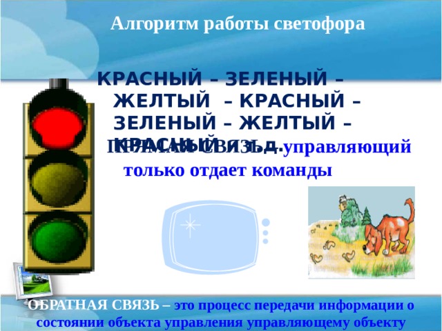 Алгоритм работы светофора КРАСНЫЙ – ЗЕЛЕНЫЙ – ЖЕЛТЫЙ – КРАСНЫЙ – ЗЕЛЕНЫЙ – ЖЕЛТЫЙ – КРАСНЫЙ и т.д. ПРЯМАЯ СВЯЗЬ – управляющий только отдает команды ОБРАТНАЯ СВЯЗЬ – это процесс передачи информации о состоянии объекта управления управляющему объекту 