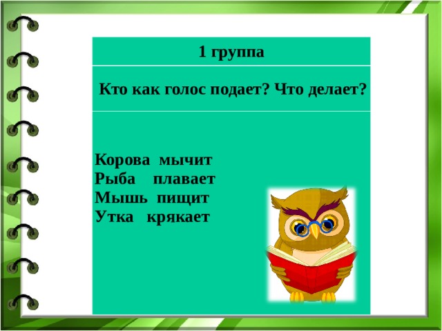 1 группа  Кто как голос подает? Что делает?  Корова мычит Рыба плавает Мышь пищит Утка крякает        