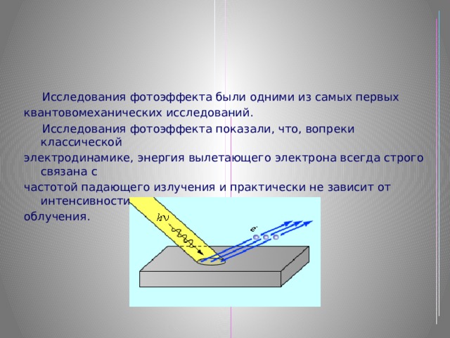  Исследования фотоэффекта были одними из самых первых квантовомеханических исследований.  Исследования фотоэффекта показали, что, вопреки классической электродинамике, энергия вылетающего электрона всегда строго связана с частотой падающего излучения и практически не зависит от интенсивности облучения. 