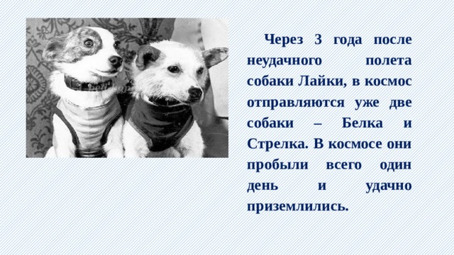 Через 3 года после неудачного полета собаки Лайки, в космос отправляются уже две собаки – Белка и Стрелка. В космосе они пробыли всего один день и удачно приземлились. 