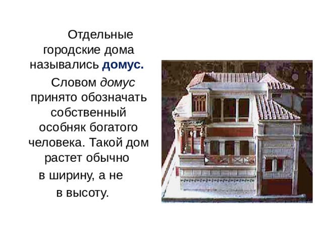  Отдельные городские дома назывались домус.   Словом домус принято обозначать собственный особняк богатого человека. Такой дом растет обычно в ширину, а не в высоту. 