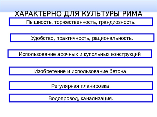   ХАРАКТЕРНО ДЛЯ КУЛЬТУРЫ РИМА   Пышность, торжественность, грандиозность. Удобство, практичность, рациональность. Использование арочных и купольных конструкций Изобретение и использование бетона. Регулярная планировка. Водопровод, канализация. 