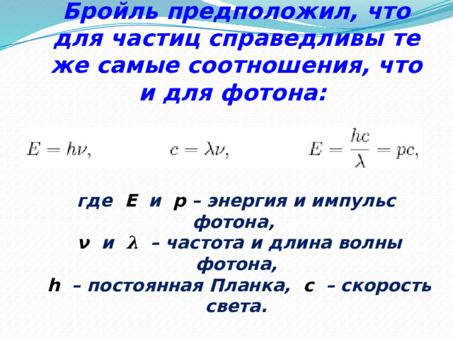 Луи де Бройль предположил, что для частиц справедливы те же самые соотношения, что и для фотона:      где  E  и  p  – энергия и импульс фотона,   ν  и  λ  – частота и длина волны фотона,  h  – постоянная Планка,  c  – скорость света.  