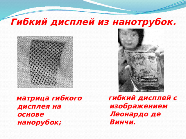 Гибкий дисплей из нанотрубок.    гибкий дисплей с изображением Леонардо де Винчи.  матрица гибкого дисплея на основе нанорубок; 