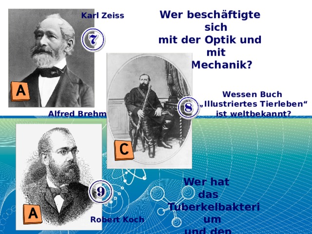 Wer beschäftigte sich mit der Optik und mit der Mechanik? Karl Zeiss Wessen Buch „ Illustriertes Tierleben“ ist weltbekannt? Alfred Brehm Wer hat das Tuberkelbakterium und den Choleraerreger entdeckte? Robert Koch 