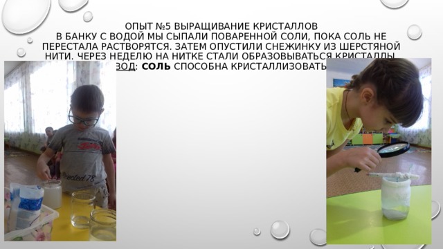 Опыт №5 Выращивание Кристаллов  В банку с водой мы сыпали поваренной соли, пока соль не перестала растворятся. Затем опустили снежинку из шерстяной нити. Через неделю на нитке стали образовываться кристаллы.  Вывод :  Соль  способна кристаллизоваться.   