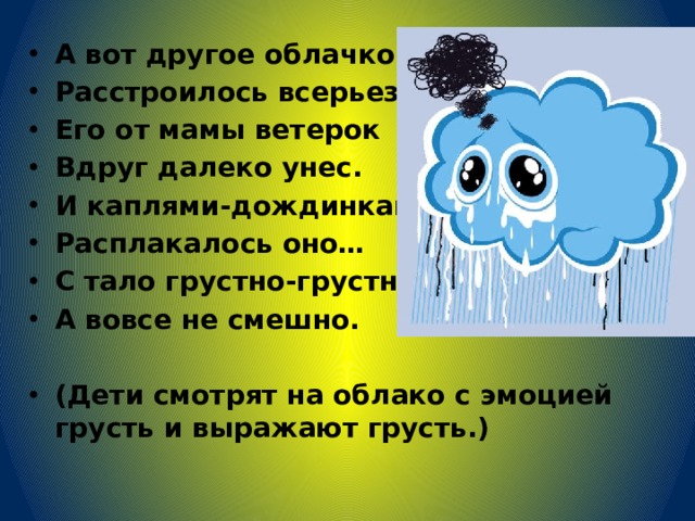 А вот другое облачко Расстроилось всерьез: Его от мамы ветерок Вдруг далеко унес. И каплями-дождинками Расплакалось оно… С тало грустно-грустно так, А вовсе не смешно.  (Дети смотрят на облако с эмоцией грусть и выражают грусть.) 