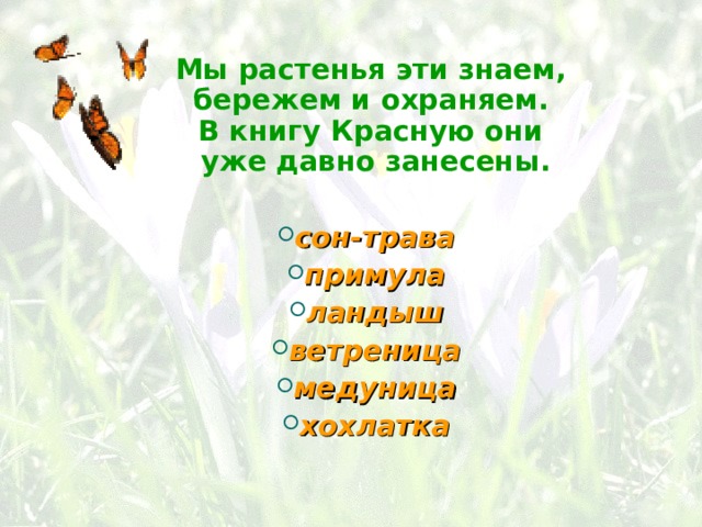  Мы растенья эти знаем,  бережем и охраняем.  В книгу Красную они  уже давно занесены.  сон-трава примула ландыш ветреница медуница хохлатка  