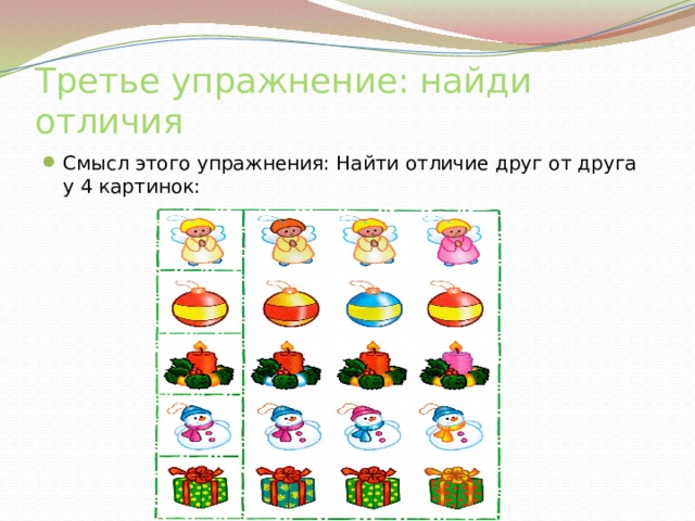 Третье упражнение: найди отличия Смысл этого упражнения: Найти отличие друг от друга у 4 картинок: 