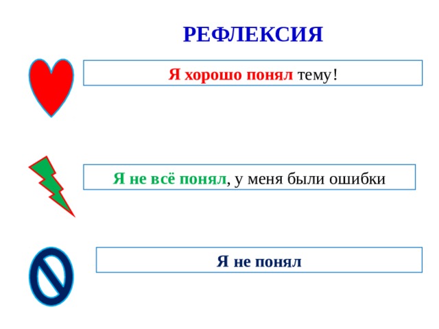 РЕФЛЕКСИЯ Я хорошо понял тему! Я не всё понял , у меня были ошибки Я не понял 