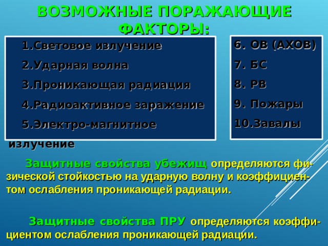 ВОЗМОЖНЫЕ ПОРАЖАЮЩИЕ ФАКТОРЫ: ОВ (АХОВ) БС РВ Пожары Завалы Световое излучение Ударная волна Проникающая радиация Радиоактивное заражение Электро-магнитное излучение Защитные свойства убежищ определяются фи-зической стойкостью на ударную волну и коэффициен-том ослабления проникающей радиации.  Защитные свойства ПРУ определяются коэффи-циентом ослабления проникающей радиации. 