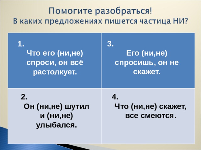 1. Что его (ни,не) спроси, он всё растолкует.  3. Его (ни,не) спросишь, он не скажет. 2. Он (ни,не) шутил и (ни,не) улыбался. 4. Что (ни,не) скажет, все смеются.  