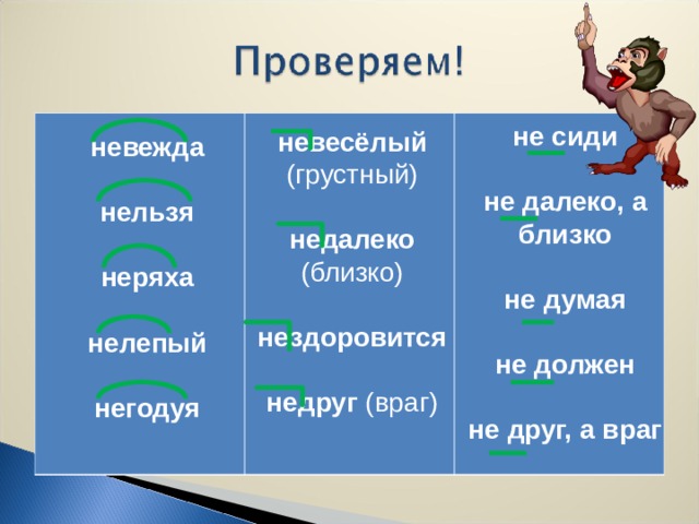 не сиди  не далеко, а близко  не думая  не должен  не друг, а враг невесёлый (грустный) недалеко (близко) нездоровится недруг (враг) невежда  нельзя  неряха  нелепый  негодуя  
