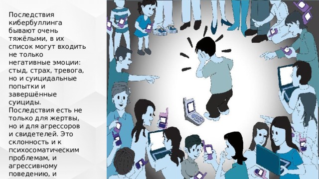 Последствия кибербуллинга бывают очень тяжёлыми, в их список могут входить не только негативные эмоции: стыд, страх, тревога, но и суицидальные попытки и завершённые суициды. Последствия есть не только для жертвы, но и для агрессоров и свидетелей. Это склонность и к психосоматическим проблемам, и агрессивному поведению, и социальной тревожности. 