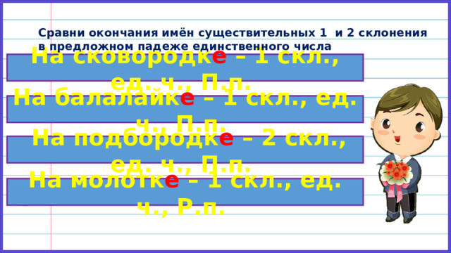 Сравни окончания имён существительных 1 и 2 склонения в предложном падеже единственного числа На сковородк е – 1 скл., ед. ч., П.п. На балалайк е – 1 скл., ед. ч., П.п.  На подбородк е – 2 скл., ед. ч., П.п. На молотк е – 1 скл., ед. ч., Р.п. 