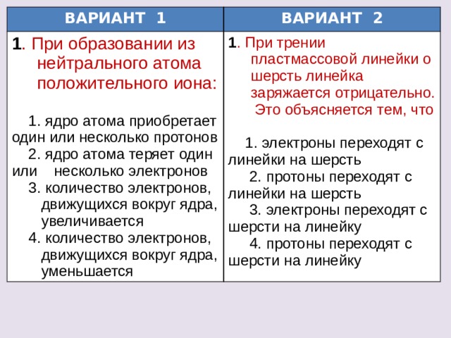 ВАРИАНТ 1 1 . При образовании из нейтрального атома положительного иона: ВАРИАНТ 2 1 . При трении пластмассовой линейки о шерсть линейка заряжается отрицательно. Это объясняется тем, что  1. ядро атома приобретает один или несколько протонов  2. ядро атома теряет один или несколько электронов  1. электроны переходят с линейки на шерсть  3. количество электронов,  2. протоны переходят с линейки на шерсть  движущихся вокруг ядра,  3. электроны переходят с шерсти на линейку  4. протоны переходят с шерсти на линейку  увеличивается  4. количество электронов,  движущихся вокруг ядра,  уменьшается 