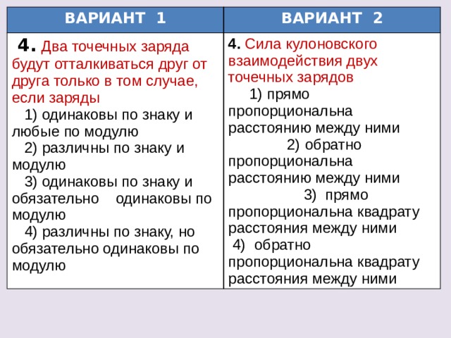 ВАРИАНТ 1 ВАРИАНТ 2  4.  Два точечных заряда будут отталкиваться друг от друга только в том случае, если заряды  1) одинаковы по знаку и любые по модулю 4. Сила кулоновского взаимодействия двух точечных зарядов 1) прямо пропорциональна расстоянию между ними 2)  обратно пропорциональна расстоянию между ними 3) прямо пропорциональна квадрату расстояния между ними  2) различны по знаку и модулю  4) обратно пропорциональна квадрату расстояния между ними  3) одинаковы по знаку и обязательно одинаковы по модулю  4) различны по знаку, но обязательно одинаковы по модулю  