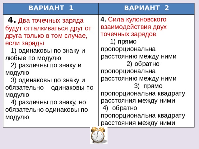 ВАРИАНТ 1 ВАРИАНТ 2  4.  Два точечных заряда будут отталкиваться друг от друга только в том случае, если заряды  1) одинаковы по знаку и любые по модулю 4. Сила кулоновского взаимодействия двух точечных зарядов 1) прямо пропорциональна расстоянию между ними 2)  обратно пропорциональна расстоянию между ними 3) прямо пропорциональна квадрату расстояния между ними  2) различны по знаку и модулю  4) обратно пропорциональна квадрату расстояния между ними  3) одинаковы по знаку и обязательно одинаковы по модулю  4) различны по знаку, но обязательно одинаковы по модулю  