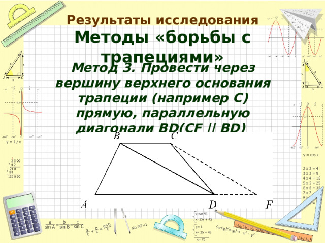 Результаты исследования  Методы «борьбы с трапециями» Метод 3.  Провести через вершину верхнего основания трапеции (например С) прямую, параллельную диагонали ВD(СF || ВD)  