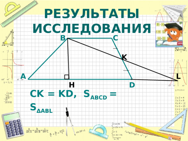 РЕЗУЛЬТАТЫ ИССЛЕДОВАНИЯ B C K L A H D CK = KD, S ABCD = S ΔABL 