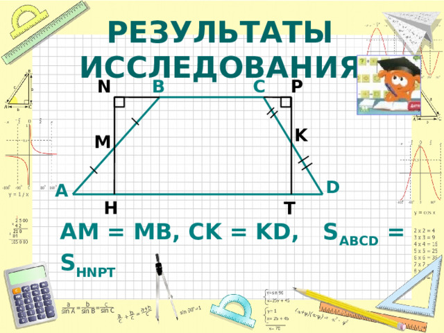 РЕЗУЛЬТАТЫ ИССЛЕДОВАНИЯ P N C B K M D A H T AM = MB, CK = KD, S ABCD = S HNPT 