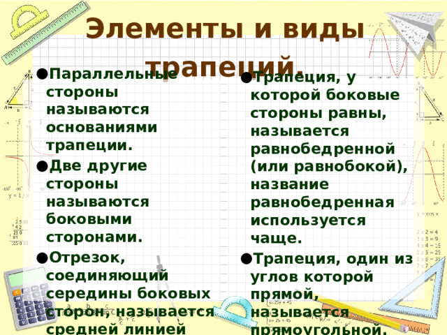 Элементы и виды трапеций. Параллельные стороны называются основаниями трапеции. Две другие стороны называются боковыми сторонами. Отрезок, соединяющий середины боковых сторон, называется средней линией трапеции. Расстояние между основаниями называется высотой трапеции. Трапеция, у которой боковые стороны равны, называется равнобедренной (или равнобокой), название равнобедренная используется чаще. Трапеция, один из углов которой прямой, называется прямоугольной. 