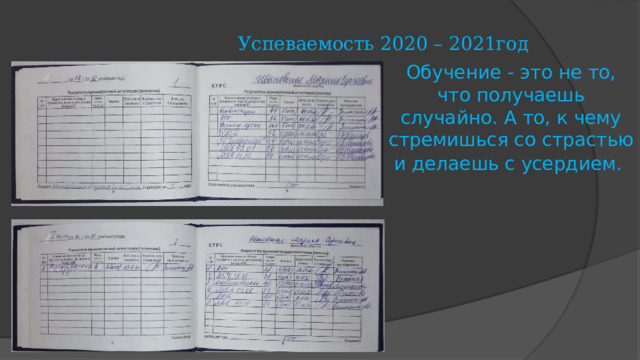  Успеваемость 2020 – 2021год Обучение - это не то, что получаешь случайно. А то, к чему стремишься со страстью и делаешь с усердием.   