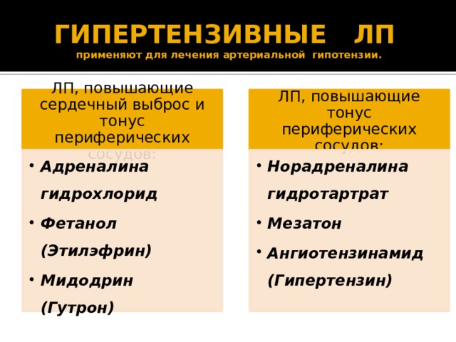 ГИПЕРТЕНЗИВНЫЕ ЛП  применяют для лечения артериальной гипотензии. ЛП, повышающие сердечный выброс и тонус периферических сосудов: ЛП, повышающие тонус периферических сосудов: Адреналина гидрохлорид Фетанол (Этилэфрин) Мидодрин (Гутрон) Адреналина гидрохлорид Фетанол (Этилэфрин) Мидодрин (Гутрон) Норадреналина гидротартрат Мезатон Ангиотензинамид (Гипертензин) Норадреналина гидротартрат Мезатон Ангиотензинамид (Гипертензин) 