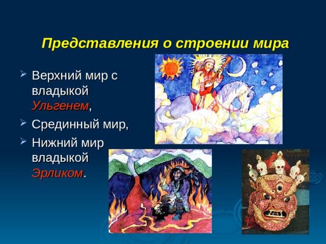 Представления о строении мира Верхний мир с владыкой Ульгенем , Срединный мир, Нижний мир владыкой Эрликом . 