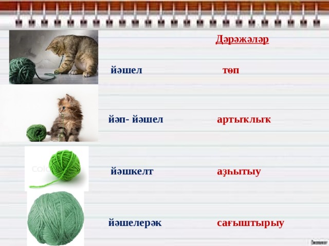 Дәрәжәләр                                   йәшел  төп йәп- йәшел  артыҡлыҡ йәшкелт аҙһытыу йәшелерәк сағыштырыу 
