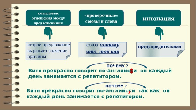 смысловые отношения между предложениями «проверочные» интонация союзы и слова второе предложение выражает значение причины союз  потому что, так как предупредительная ПОЧЕМУ ? Витя прекрасно говорит по-английски он каждый день занимается с репетитором. ПОЧЕМУ ? , Витя прекрасно говорит по-английски так как он каждый день занимается с репетитором. 