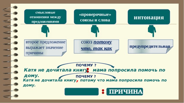 смысловые отношения между предложениями интонация «проверочные» союзы и слова второе предложение выражает значение причины союз  потому что, так как  предупредительная ПОЧЕМУ ? Катя не дочитала книгу мама попросила помочь по дому. ПОЧЕМУ ? Катя не дочитала книгу , потому что мама попросила помочь по дому. ПРИЧИНА 
