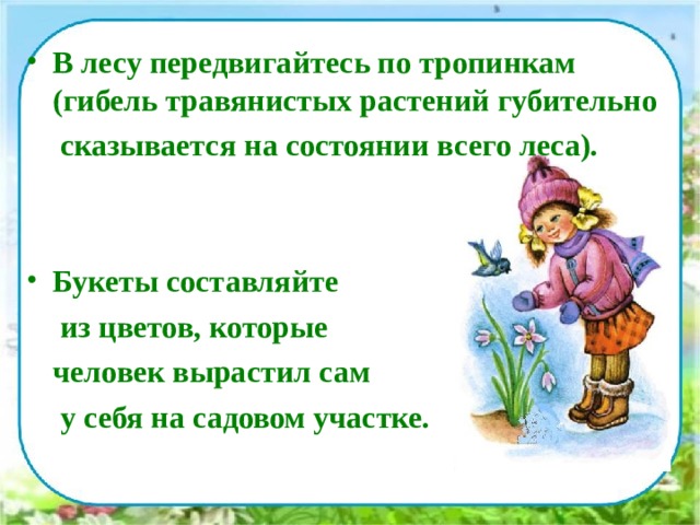 В лесу передвигайтесь по тропинкам (гибель травянистых растений губительно   сказывается на состоянии всего леса).   Букеты составляйте   из цветов, которые  человек вырастил сам   у себя на садовом участке.  