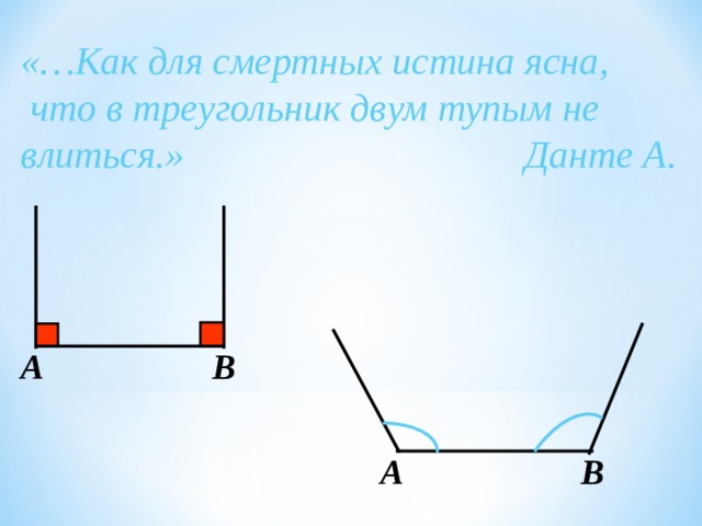 В а Дано: ∆ ABC 4 5 2 Доказать:  А+  B +  C =180  3 1 А С Доказательство:  1)Проведем через т. В прямую а || AC . (накрест лежащие при а || АС и секущей АВ) 2)  4 =  1 (накрест лежащие при а || АС и секущей ВС)  5 =  3 3)  4+  2+  5=180  - развернутый угол.  4)Заменяя равные углы, получим  1 +  2+  3 =180  5) Или  A+  B+  C=180  . 