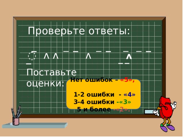 Проверьте ответы: ̅  ᴧ ᴧ ̅ ̅ ᴧ ̅ ̅ ̅ ̅ ̅ ̅  ᴧ ̅ ̅ Поставьте оценки: Нет ошибок – «5»,   1-2 ошибки - «4» 3-4 ошибки -«3»  5 и более -«2».  