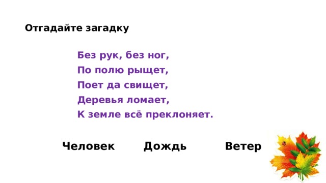 Отгадайте загадку Без рук, без ног, По полю рыщет, Поет да свищет, Деревья ломает, К земле всё преклоняет. Человек Дождь Ветер 