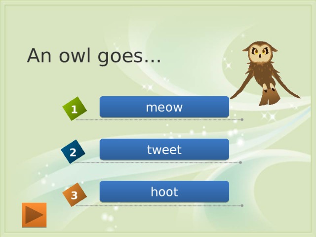 An owl goes... meow 1 tweet 2 hoot 3 