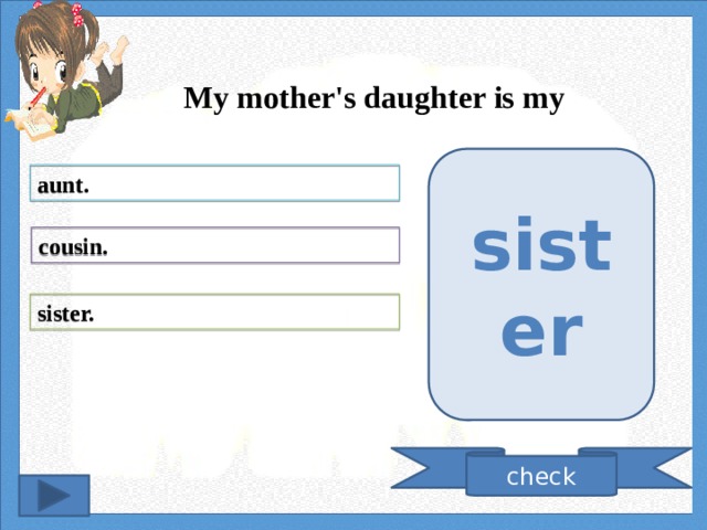 My mother's daughter is my sister aunt. cousin. sister. check 