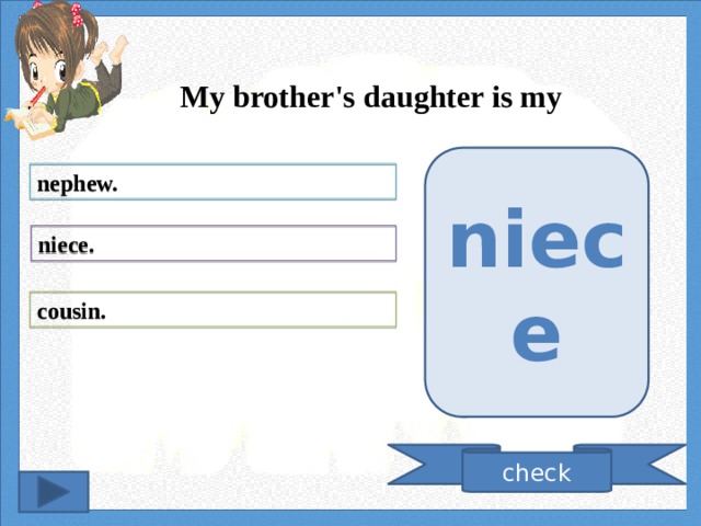 My brother's daughter is my niece nephew. niece. cousin. check 