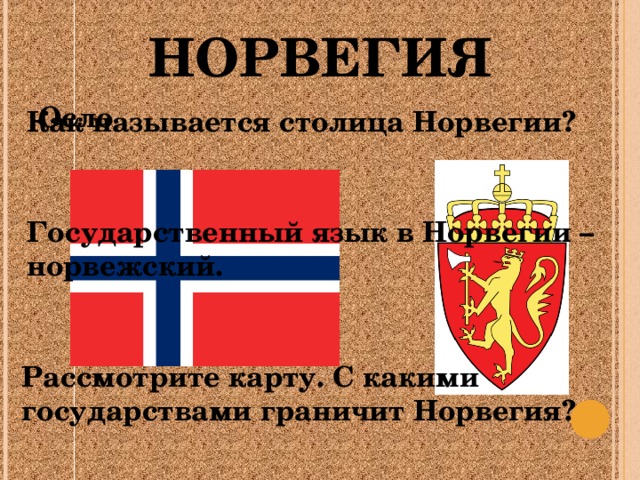 НОРВЕГИЯ Осло Как называется столица Норвегии? Государственный язык в Норвегии – норвежский. Рассмотрите карту. С какими государствами граничит Норвегия? 