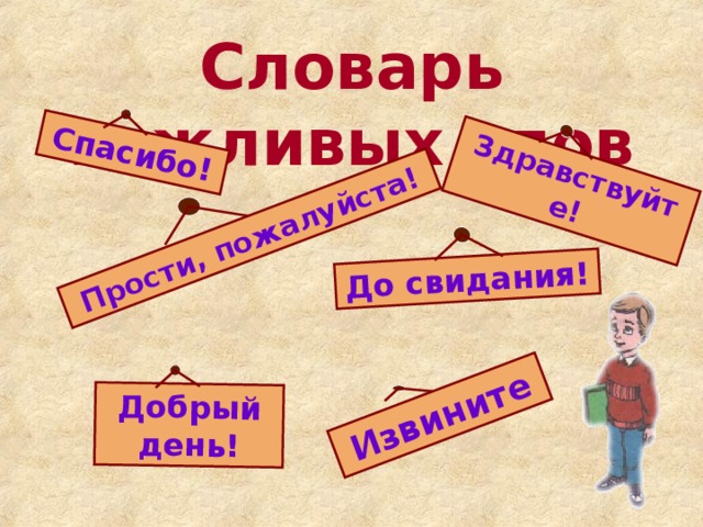 Спасибо! Добрый день! Прости, пожалуйста! Здравствуйте! До свидания! Извините Словарь вежливых слов 