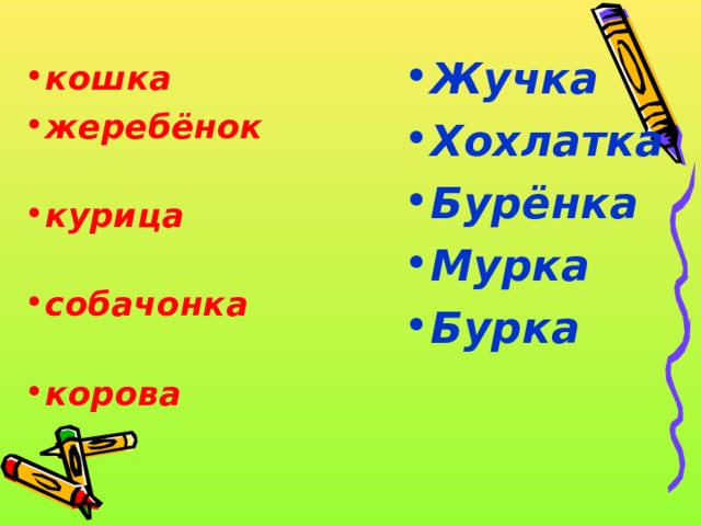 Жучка Хохлатка Бурёнка Мурка Бурка  кошка  жеребёнок  курица  собачонка  корова 