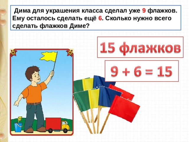 Дима для украшения класса сделал уже 9 флажков. Ему осталось сделать ещё 6 . Сколько нужно всего сделать флажков Диме? 