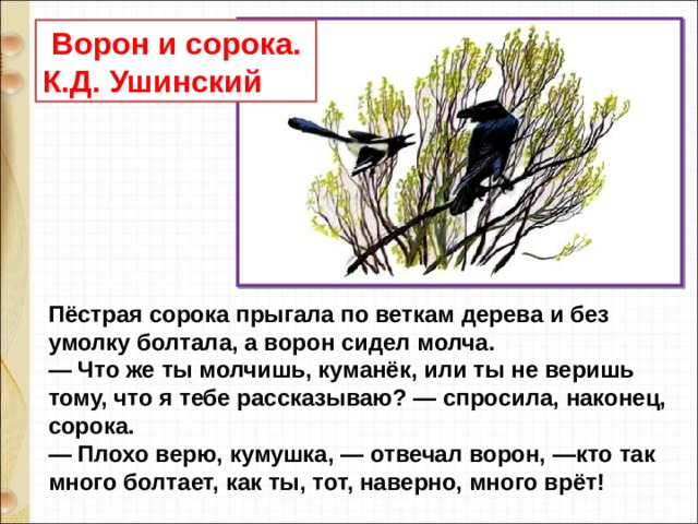 Ворон и сорока. К.Д. Ушинский Пёстрая сорока прыгала по веткам дерева и без умолку болтала, а ворон сидел молча.  — Что же ты молчишь, куманёк, или ты не веришь тому, что я тебе рассказываю? — спросила, наконец, сорока.  — Плохо верю, кумушка, — отвечал ворон, —кто так много болтает, как ты, тот, наверно, много врёт! 