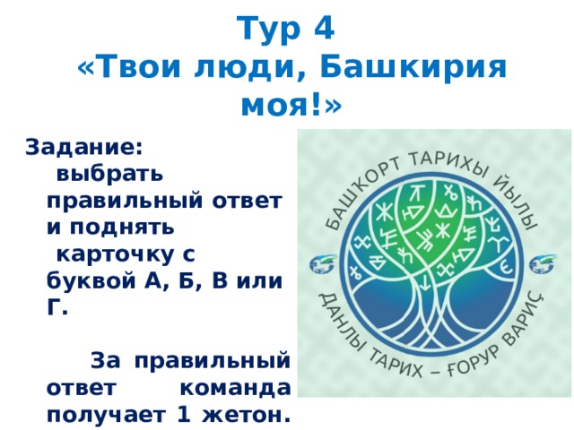 Тур 4  «Твои люди, Башкирия моя!» Задание:  выбрать правильный ответ и поднять  карточку с буквой А, Б, В или Г.   За правильный ответ команда получает 1 жетон. 