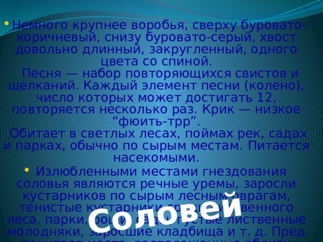 Соловей Немного крупнее воробья, сверху буровато-коричневый, снизу буровато-серый, хвост довольно длинный, закругленный, одного цвета со спиной.    Песня — набор повторяющихся свистов и щелканий. Каждый элемент песни (колено), число которых может достигать 12, повторяется несколько раз. Крик — низкое “фюить-трр”.   Обитает в светлых лесах, поймах рек, садах и парках, обычно по сырым местам.   Питается насекомыми.   Излюбленными местами гнездования соловья являются речные уремы, заросли кустарников по сырым лесным оврагам, тенистые кустарники среди лиственного леса, парки, рощи, сады, густые лиственные молодняки, заросшие кладбища и т. д. Пред почитает места, расположенные вблизи водоема или по крайней мере с сырой почвой 